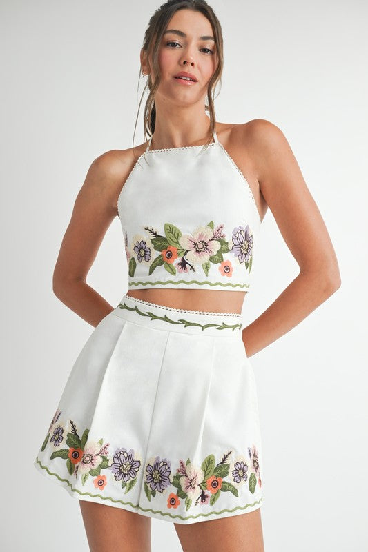 Embroidered Top And Short Set - White