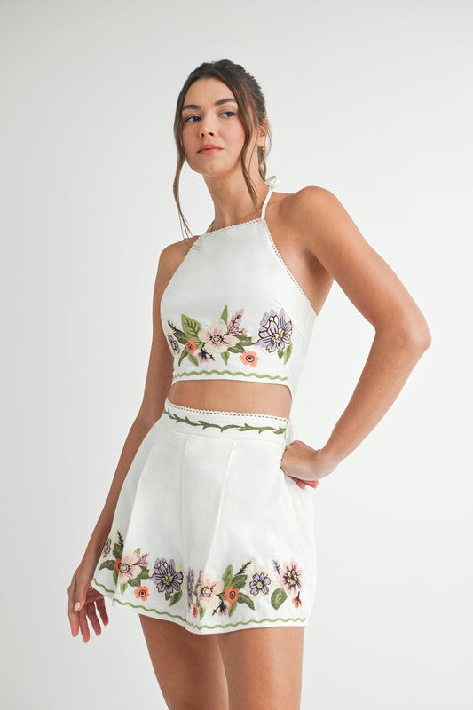 Embroidered Top And Short Set - White