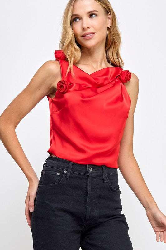 Flower Corsage Cut Out Satin Top - Red