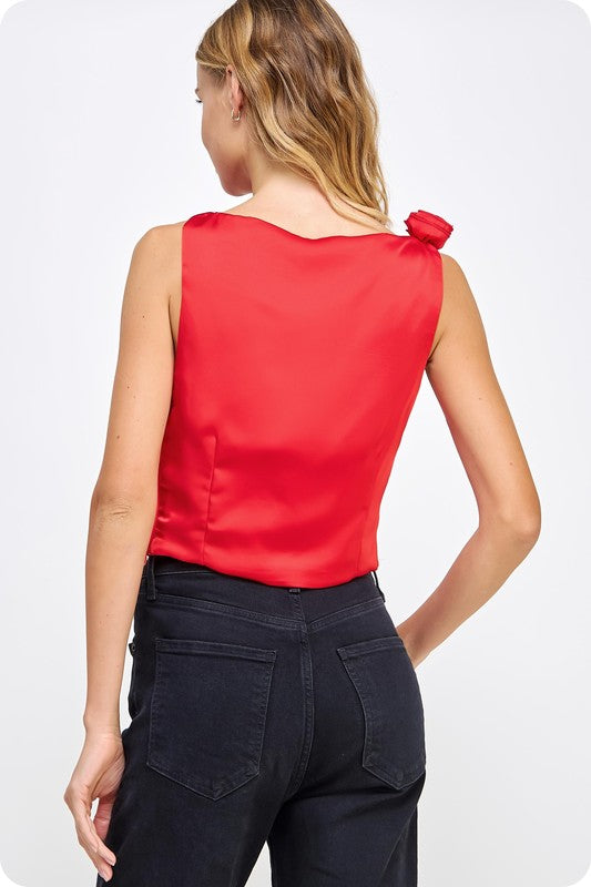 Flower Corsage Cut Out Satin Top - Red