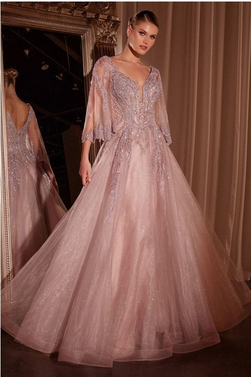 BELL SLEEVE LAYERED TULLE & LACE BALL GOWN - BLUSH