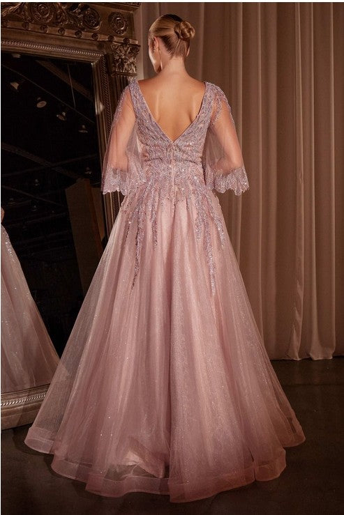 BELL SLEEVE LAYERED TULLE & LACE BALL GOWN - BLUSH