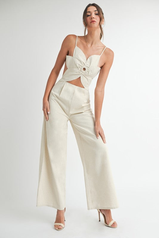 FLORAL LINEN JUMPSUIT - ECRU