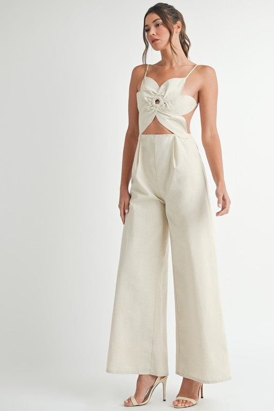 FLORAL LINEN JUMPSUIT - ECRU