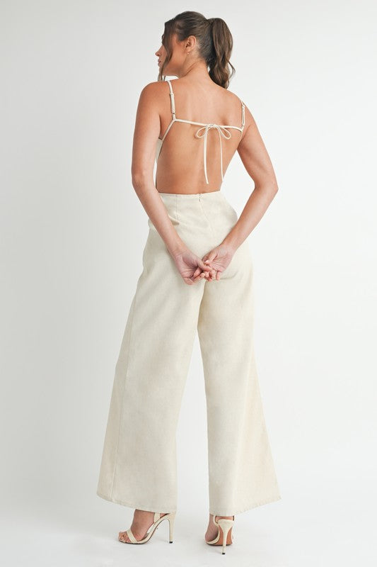 FLORAL LINEN JUMPSUIT - ECRU