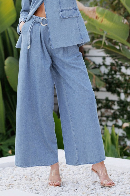 PLEATED WAIST DENIM WIDE LEG PANTS
