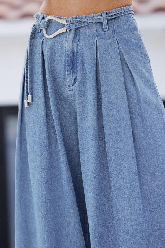 PLEATED WAIST DENIM WIDE LEG PANTS