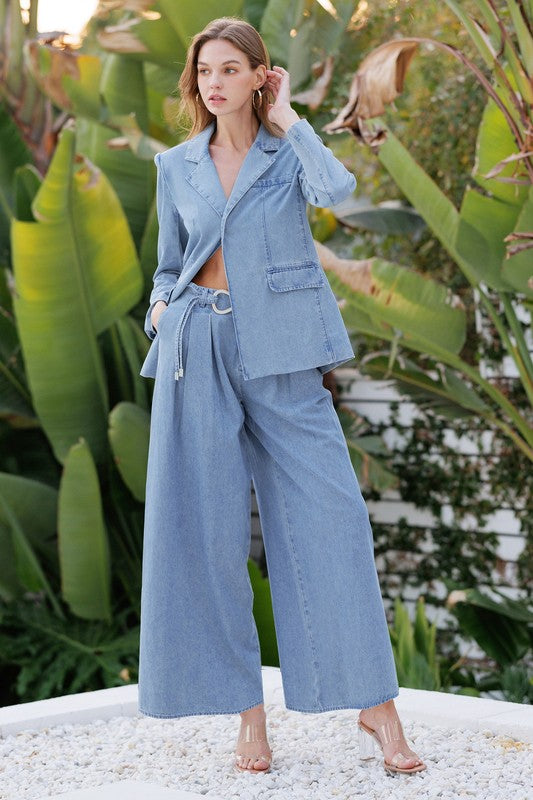 Pleated Waist Denim Wide Leg Pants