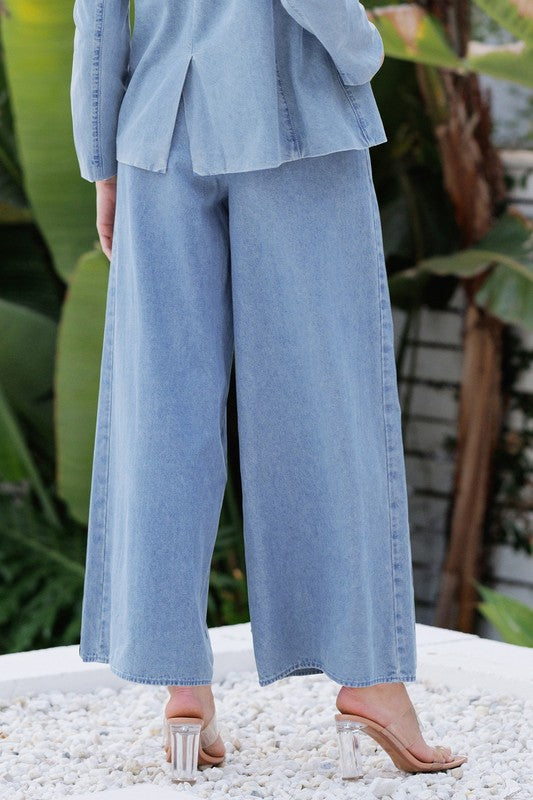 PLEATED WAIST DENIM WIDE LEG PANTS