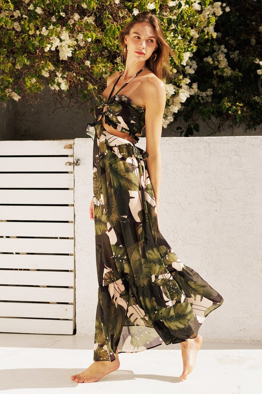 TROPICAL PALM HALTER MAXI DRESS