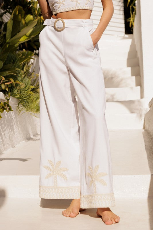 Embroidered Coastal Wide Leg Pant And Tank Top Set - White