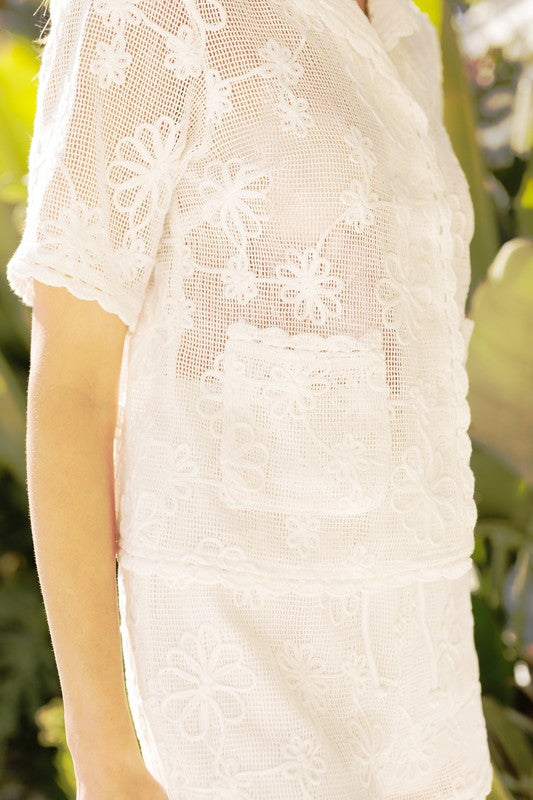 Floral Mesh Shirt And Short Set - White