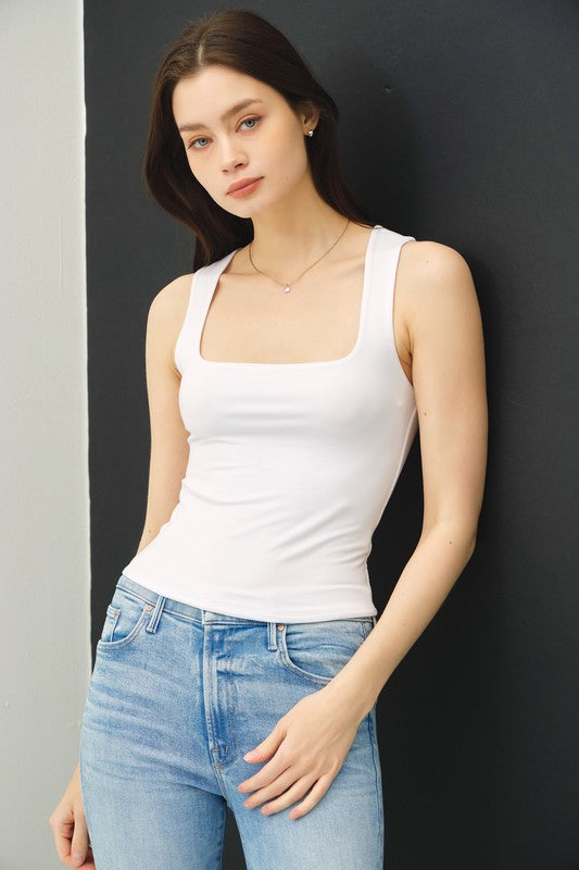 Soft Core Doble Lined Square Neck Tank Top - White