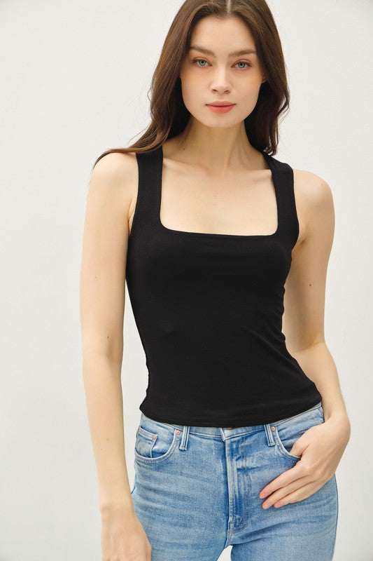 Soft Core Doble Lined Square Neck Tank Top Black