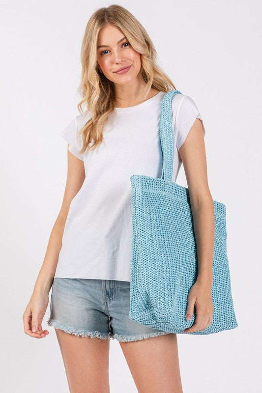 Solid Crochet Straw Bag - Blue