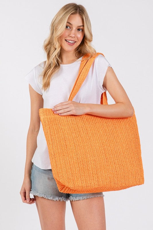 Solid Crochet Straw Bag - Orange