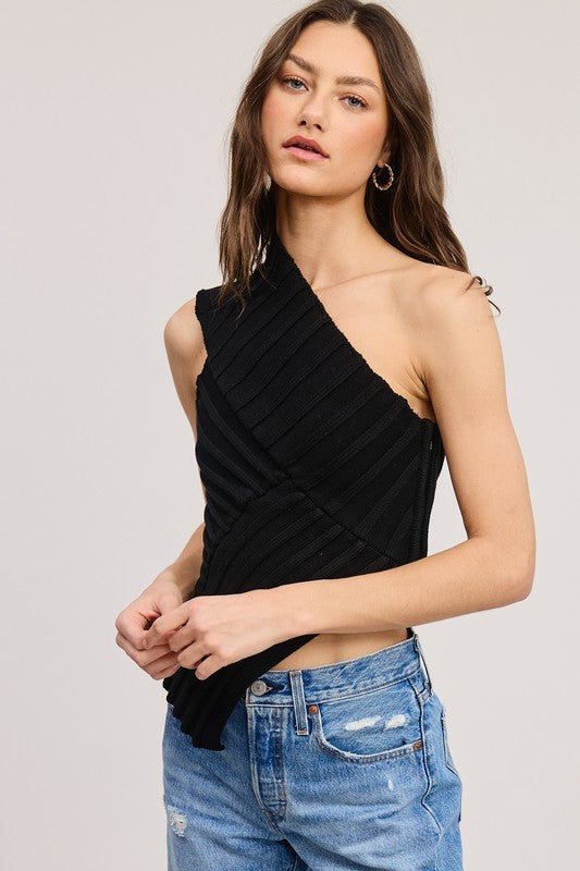One Shoulder Asymmetrical Ribbed Knit Top - Black