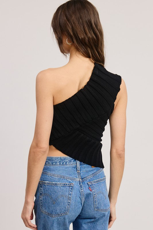 One Shoulder Asymmetrical Ribbed Knit Top - Black