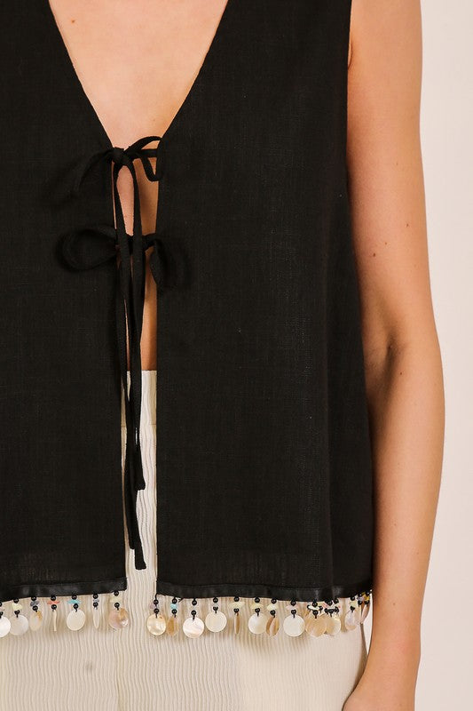 Elegant Embellished Tie Front Top And Short - Black