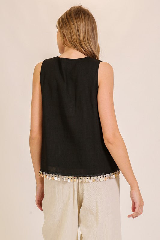 Elegant Embellished Tie Front Top And Short - Black