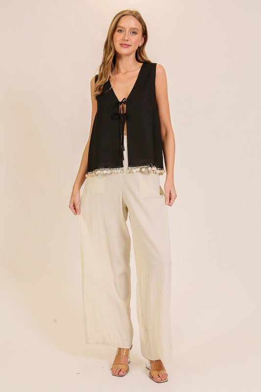 Elegant Embellished Tie Front Top And Short - Black