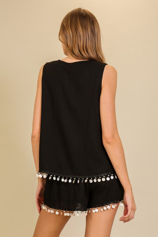 Elegant Embellished Tie Front Top And Short - Black
