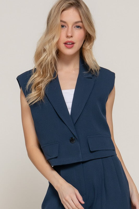 Lapel Collar With Shoulder Pads Vest - Navy Blue