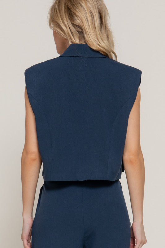 Lapel Collar With Shoulder Pads Vest - Navy Blue