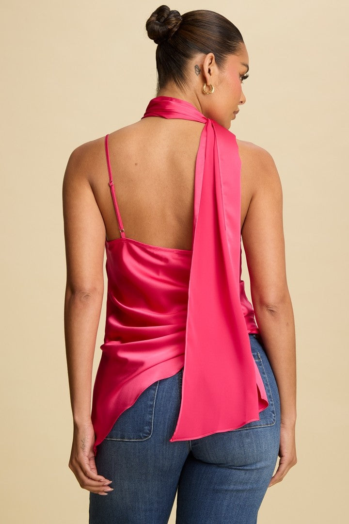 Satin Scarf Neck Top - Fuschia