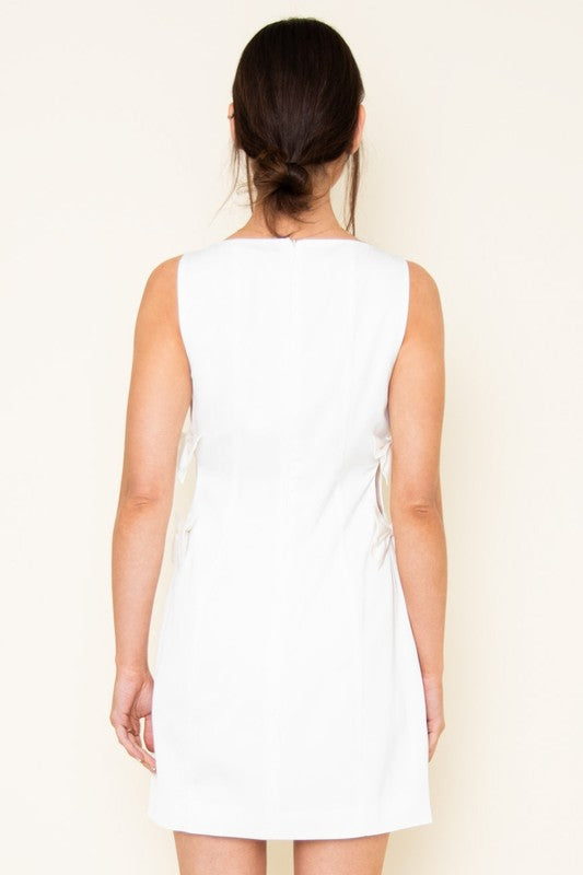 BOW DETAIL SLEEVELESS MINI DRESS - WHITE