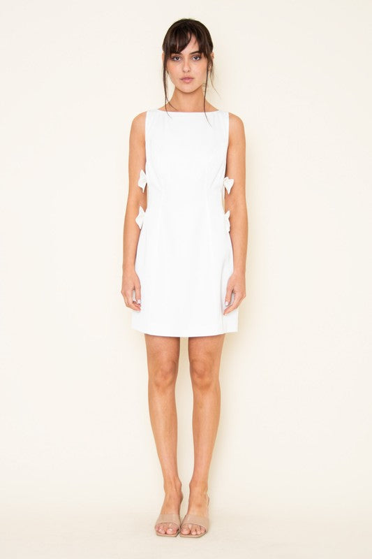 BOW DETAIL SLEEVELESS MINI DRESS - WHITE