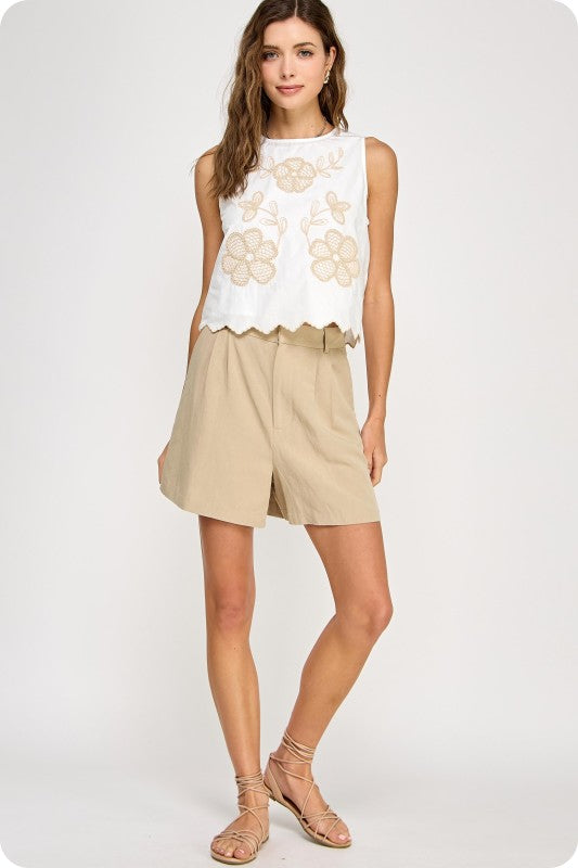 FLORAL EMBREIDERY SLEEVELESS TOP - OFF WHITE