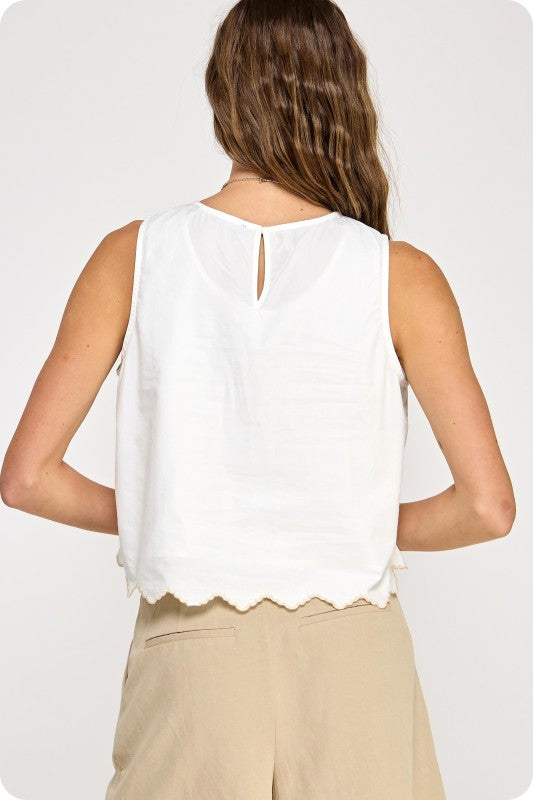 FLORAL EMBREIDERY SLEEVELESS TOP - OFF WHITE