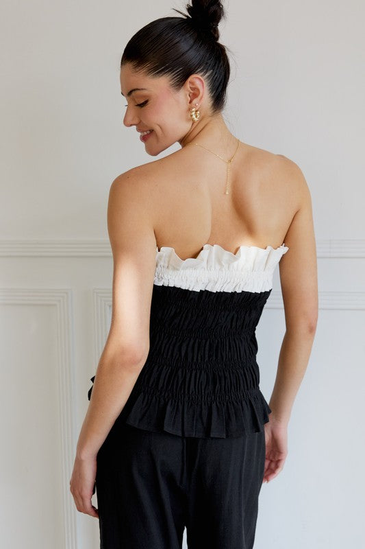 STRAPLESS TOP AND RUFFLE DETAIL PANTS SET