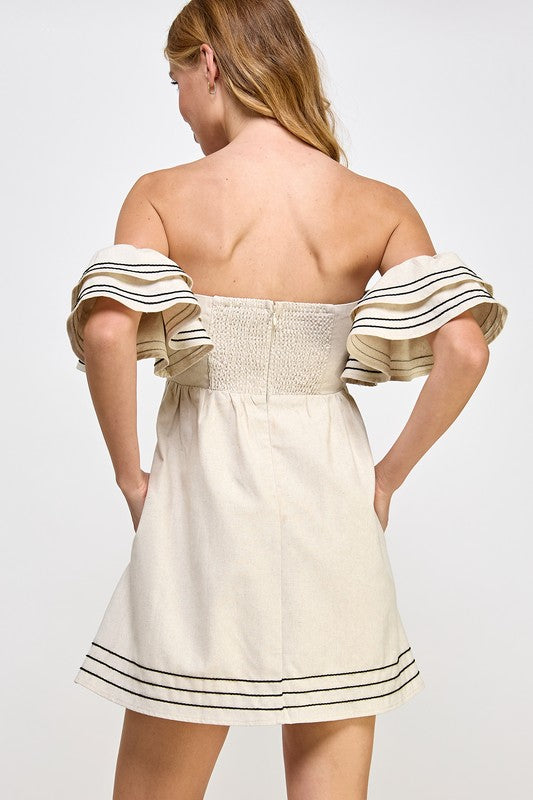 Off The Shoulder Embroidered Linen Mini Dress - Ecru