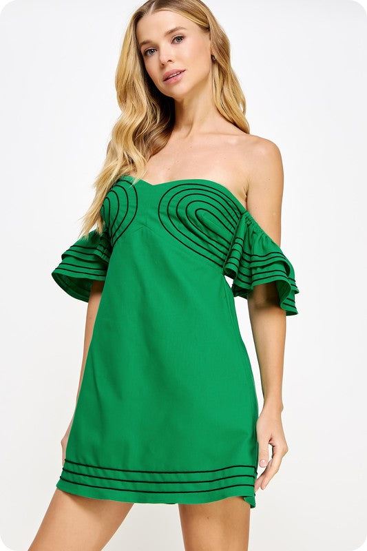 Off The Shoulder Embroidered Linen Mini Dress - Emerald