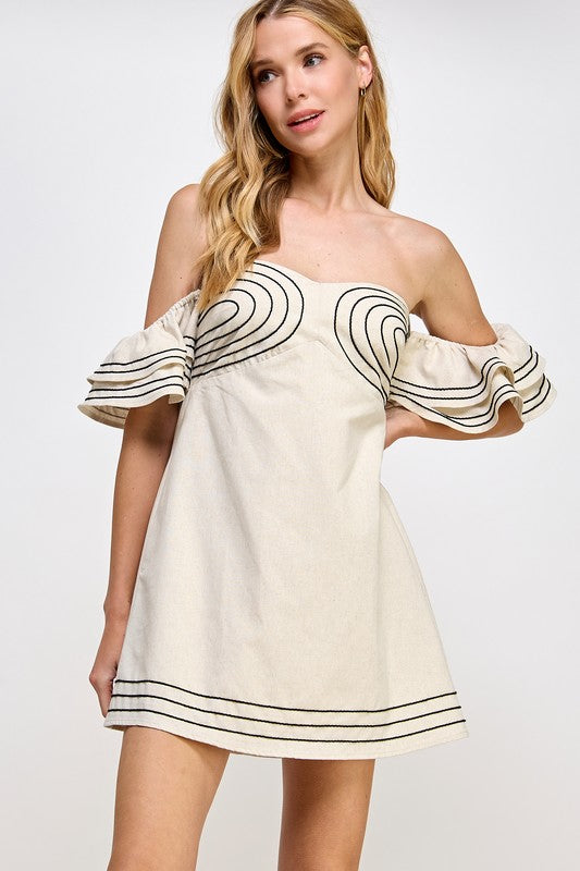 Off The Shoulder Embroidered Linen Mini Dress - Ecru