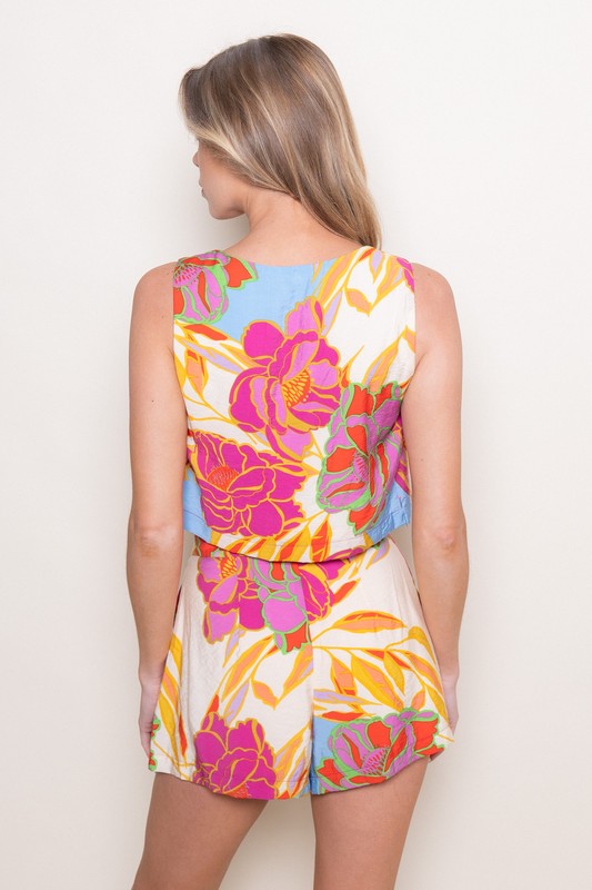 Floral Print Wide Leg Short And Top Set