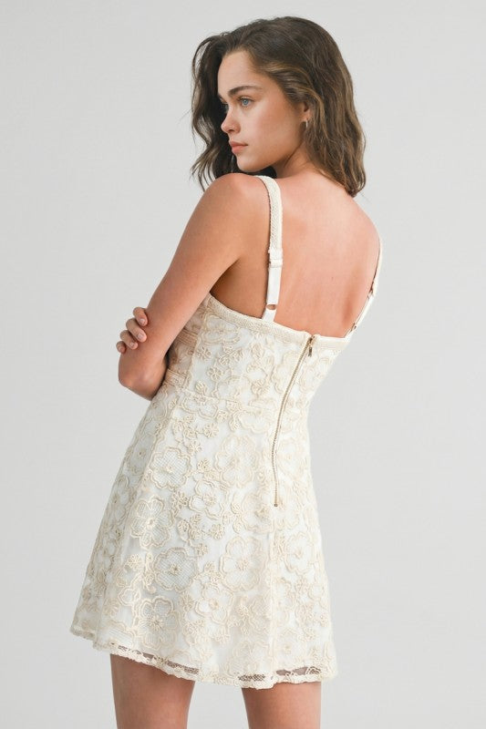 Embroidered Illusion Floral Dress - Ivory