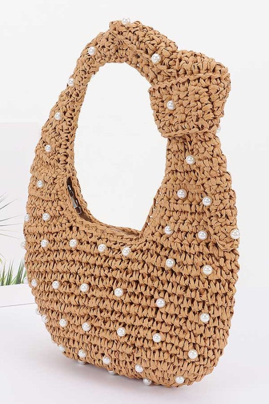 Handmade Faux Straw Pearl Hobo Bag - Khaki