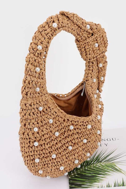 Handmade Faux Straw Pearl Hobo Bag - Khaki