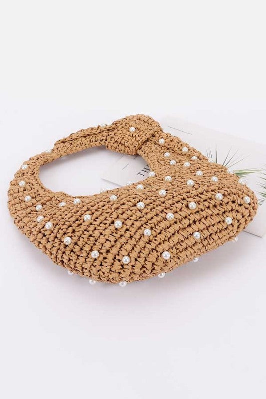 Handmade Faux Straw Pearl Hobo Bag - Khaki