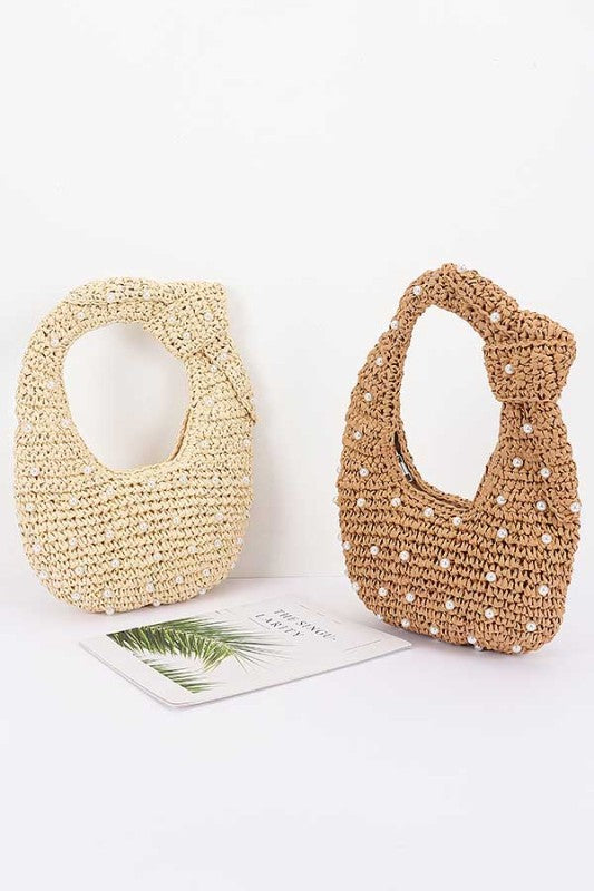 Handmade Faux Straw Pearl Hobo Bag - Ivory