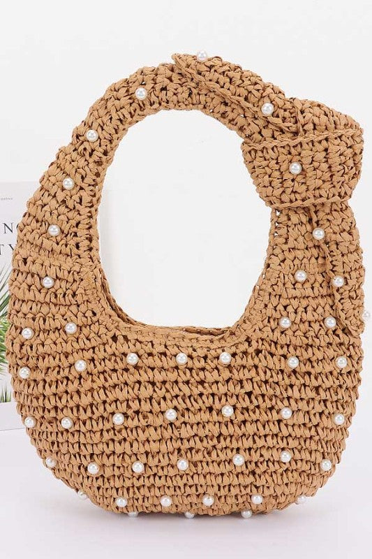 Handmade Faux Straw Pearl Hobo Bag - Khaki