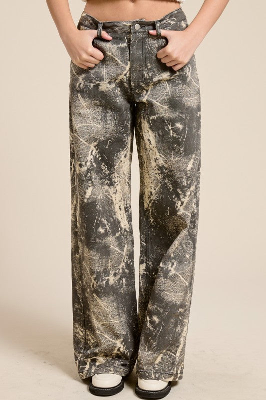 GRUNGE SPLATTER PRINT WIDE LEG DENIM PANTS