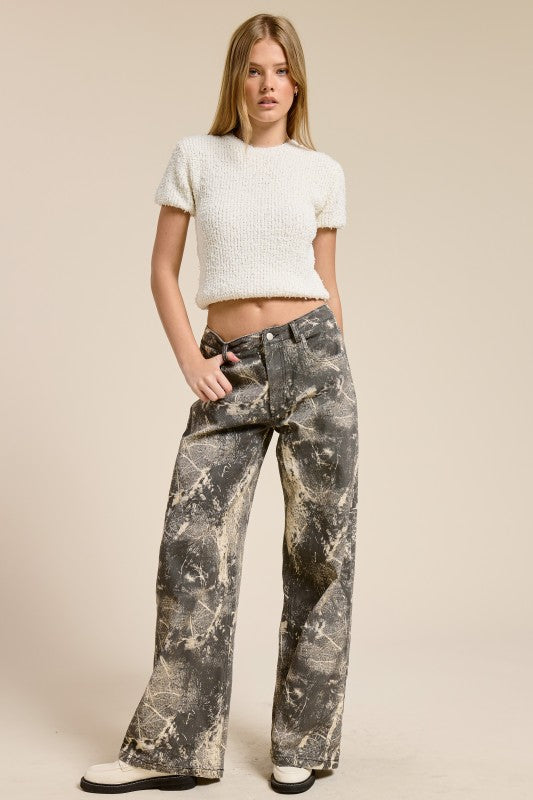 GRUNGE SPLATTER PRINT WIDE LEG DENIM PANTS