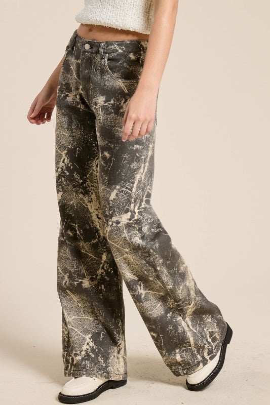 Grunge Splatter Print Wide Leg Denim Pants