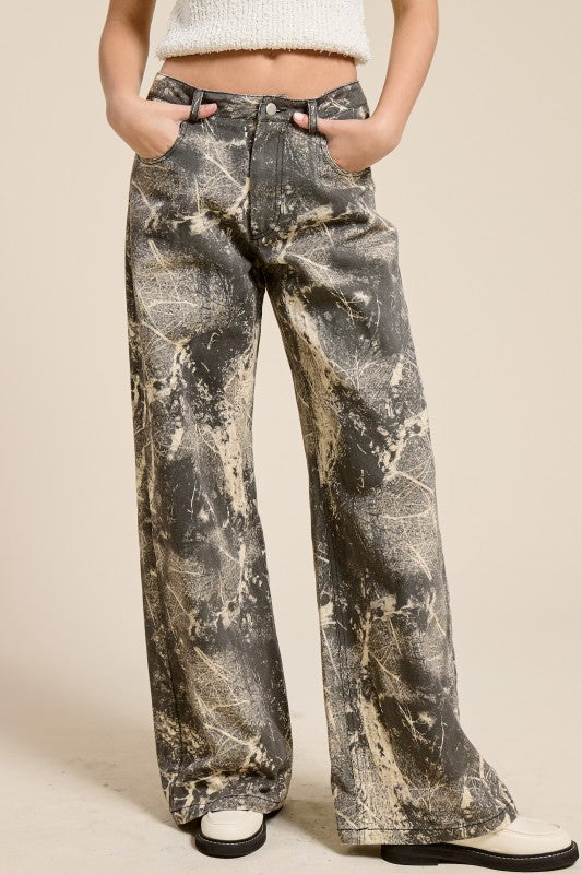 Grunge Splatter Print Wide Leg Denim Pants