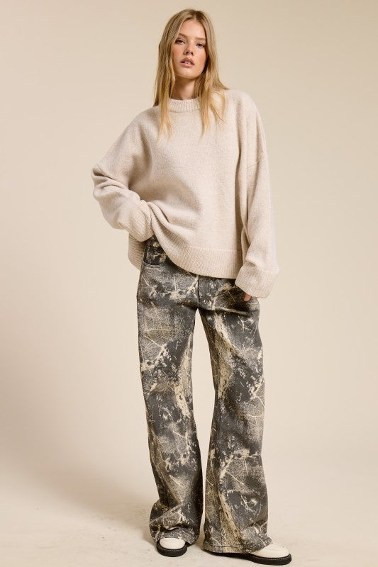 GRUNGE SPLATTER PRINT WIDE LEG DENIM PANTS
