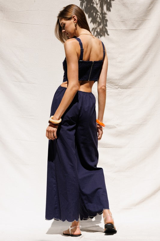 Embroidered Cutout Back Jumpsuit - Navy